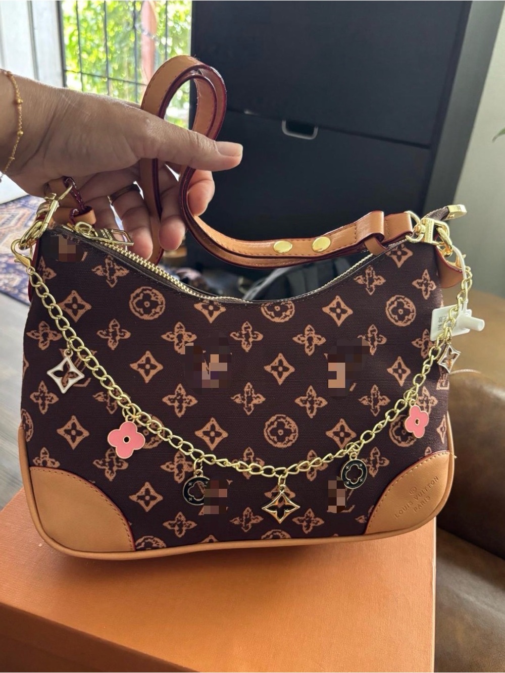 Brown Monogram Shoulder Bag with Pink Charm Chain